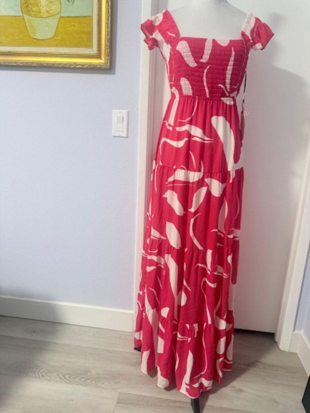 Midnight Doll printed cap sleeve, smoked front bodice, bow tie back, maxi dress